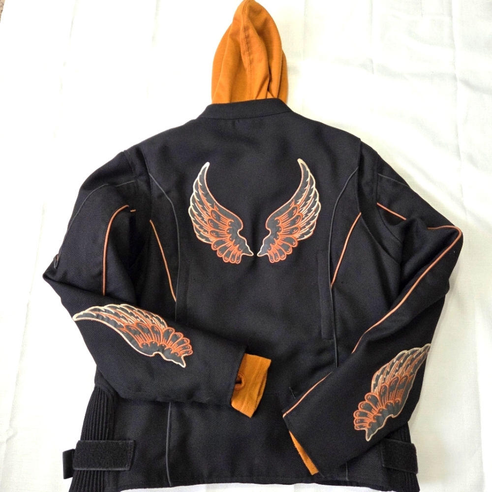 Womens Moto Riding‎ Jacket LARGE Revolution Gear Angel Wing Patches Black Orange